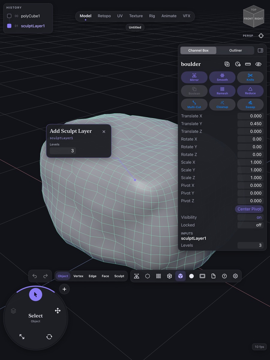 Sculpting a boulder with sculpt layers in Yumi3D